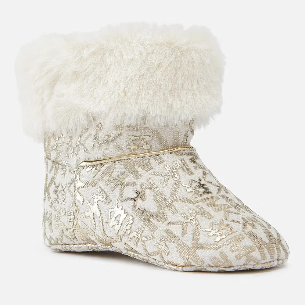 Michael Kors Leydon Boots Babies 1 Cream Gold Logo Print Faux Fur Zipper ZPO3547